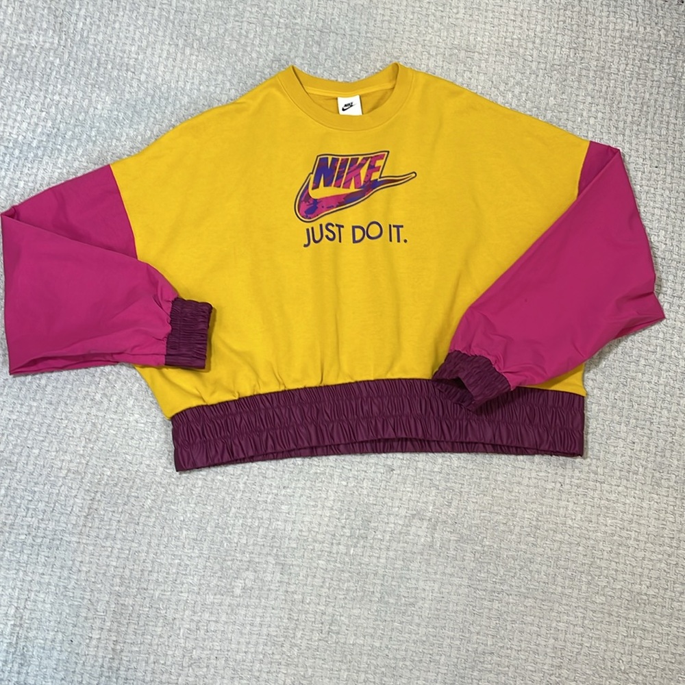 Nike Yellow Cropped Sweatshirt with Pink Sleeves
